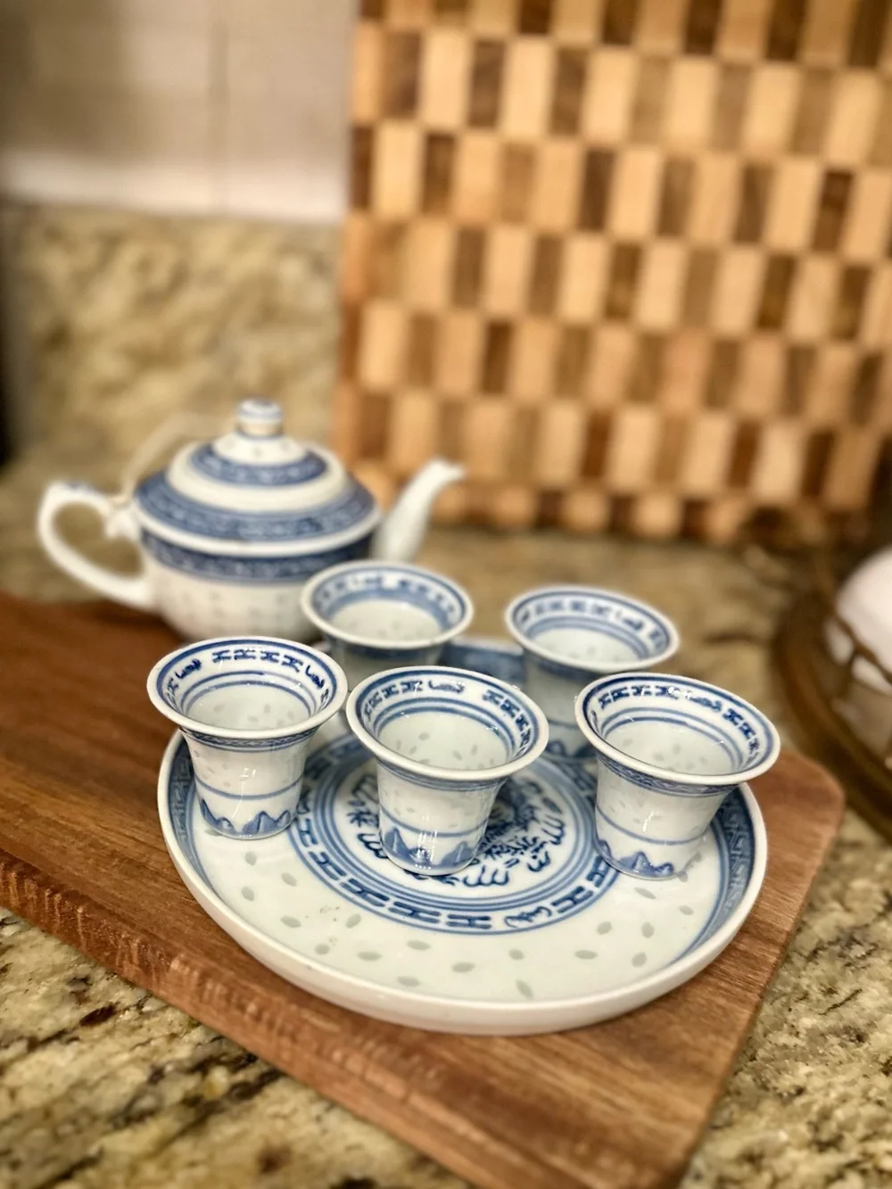 Vintage Miniature Blue and White Porcelain Tea Set - 7 pieces
